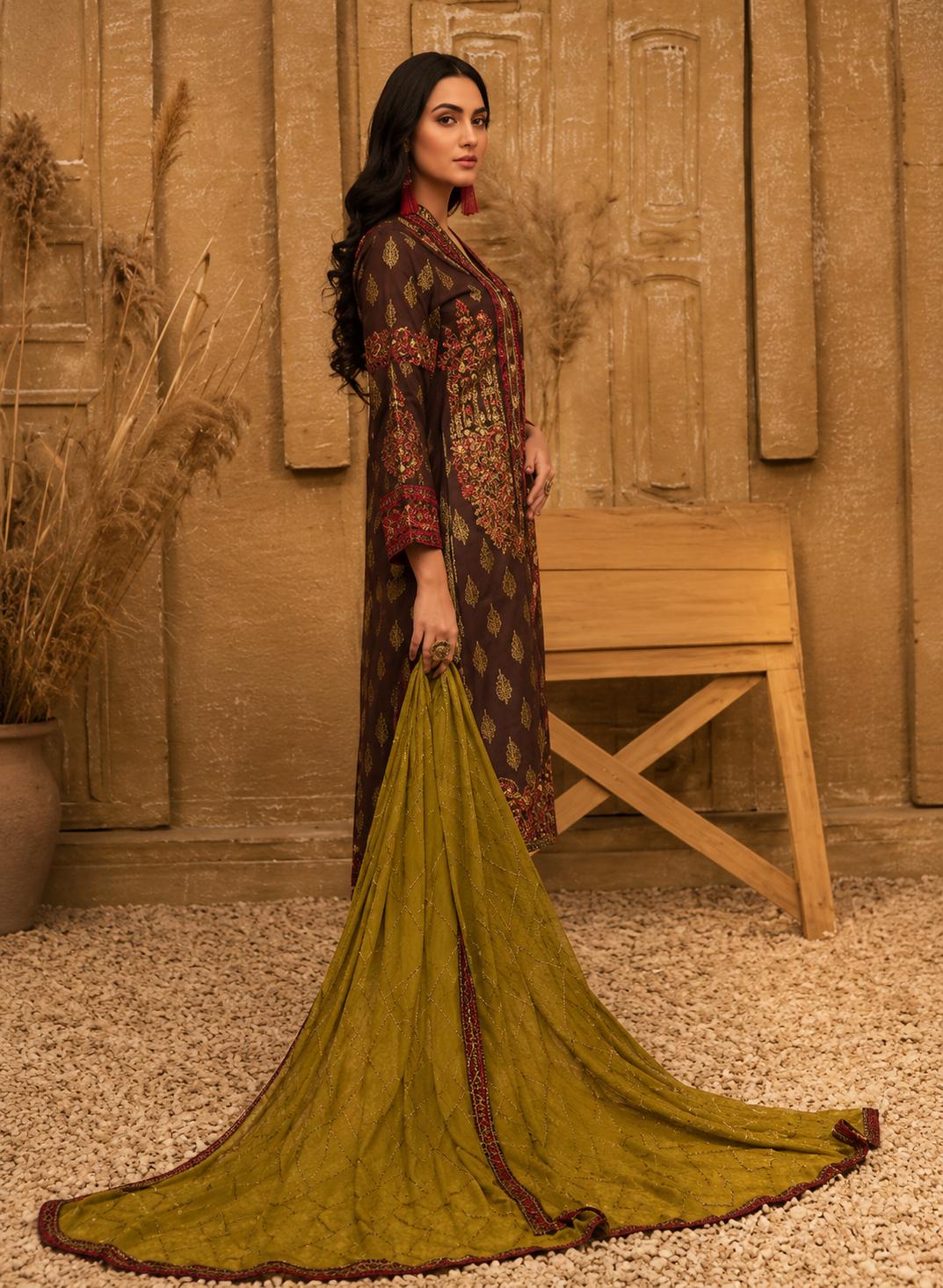 Brown Embroidered Lawn Suit with Mustard Dupatta.