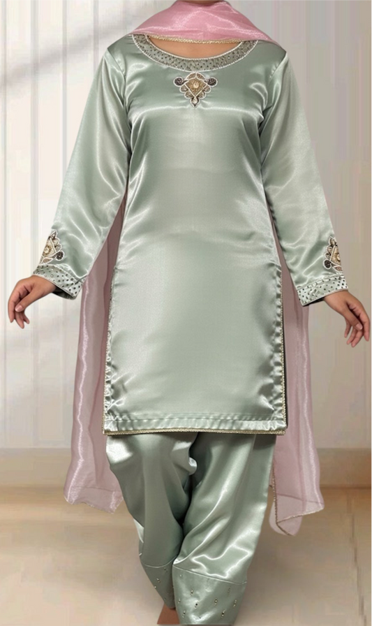 Mint Silk Elegance with Blush Dupatta And Farshi shalwar.