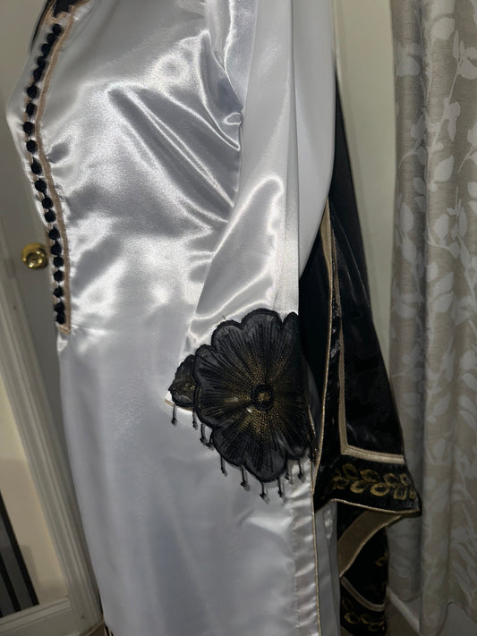 Black and white contrast suit.