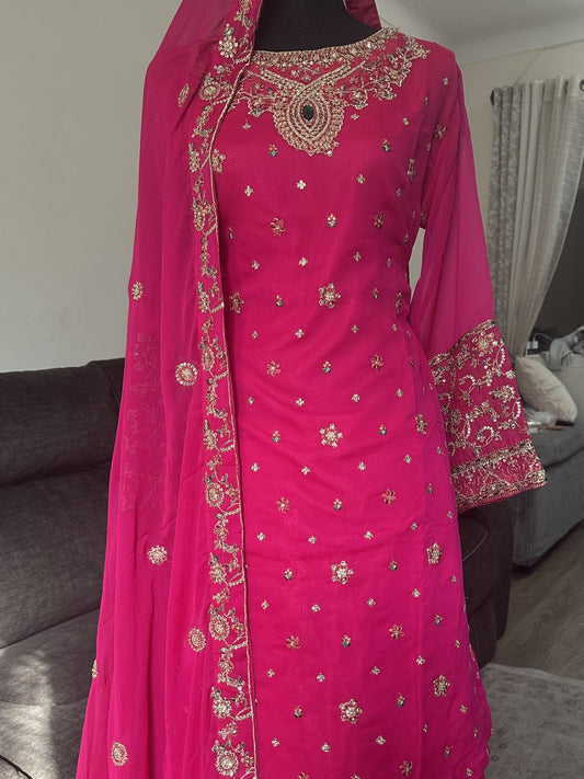 Pink Embroidered Faux Georgette Plazo Suit Set with Dupatta