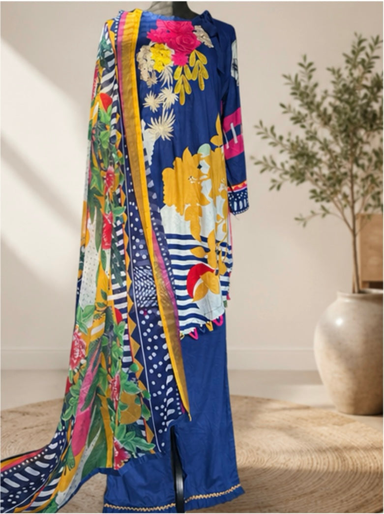 Royal Blue Embroidered Lawn Suit with Printed Dupatta.