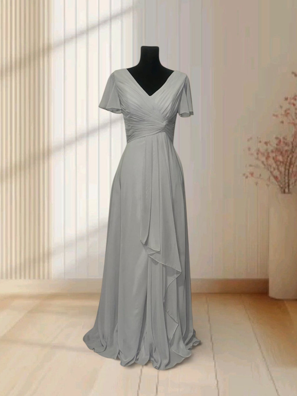 Elegant Gray V-Neck Maxi Dress