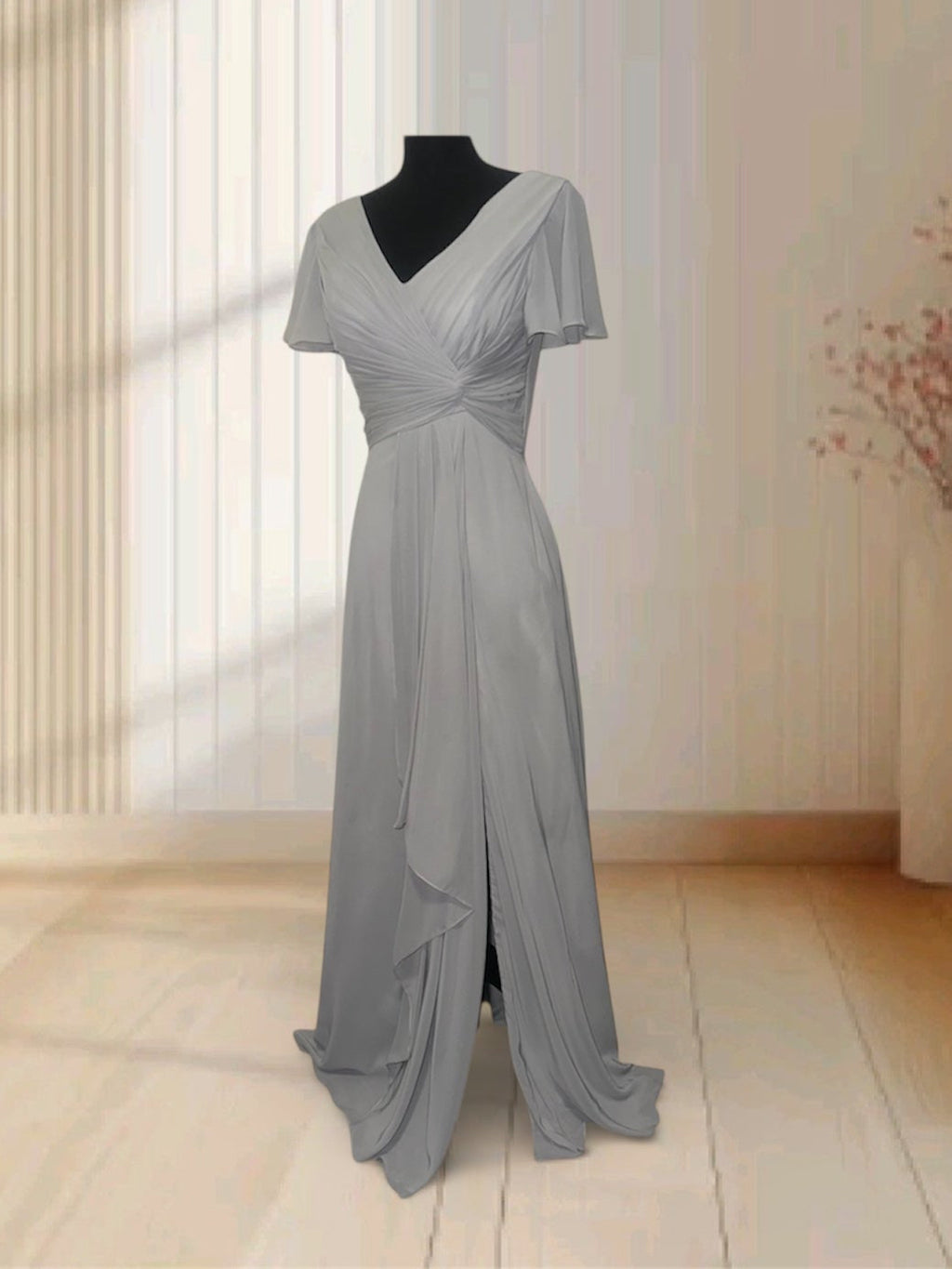 Elegant Gray V-Neck Maxi Dress