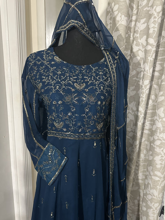 Midnight Teal Embroidered Anarkali with Dupatta.