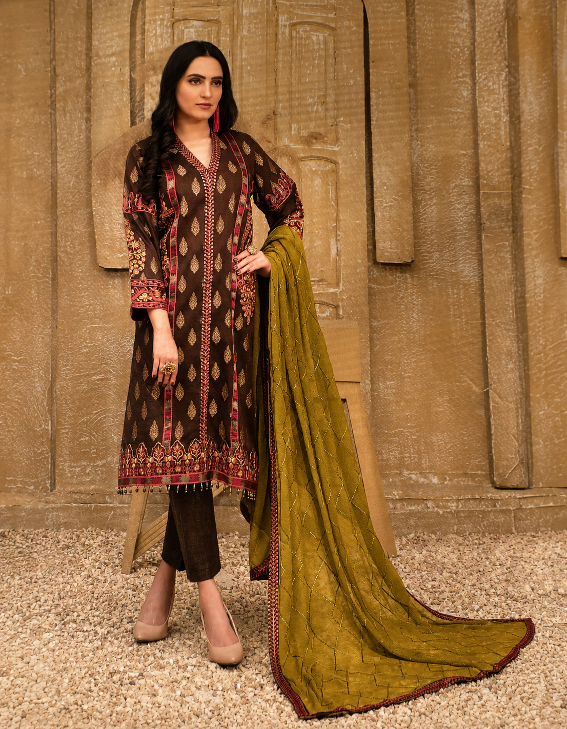 Brown Embroidered Lawn Suit with Mustard Dupatta.