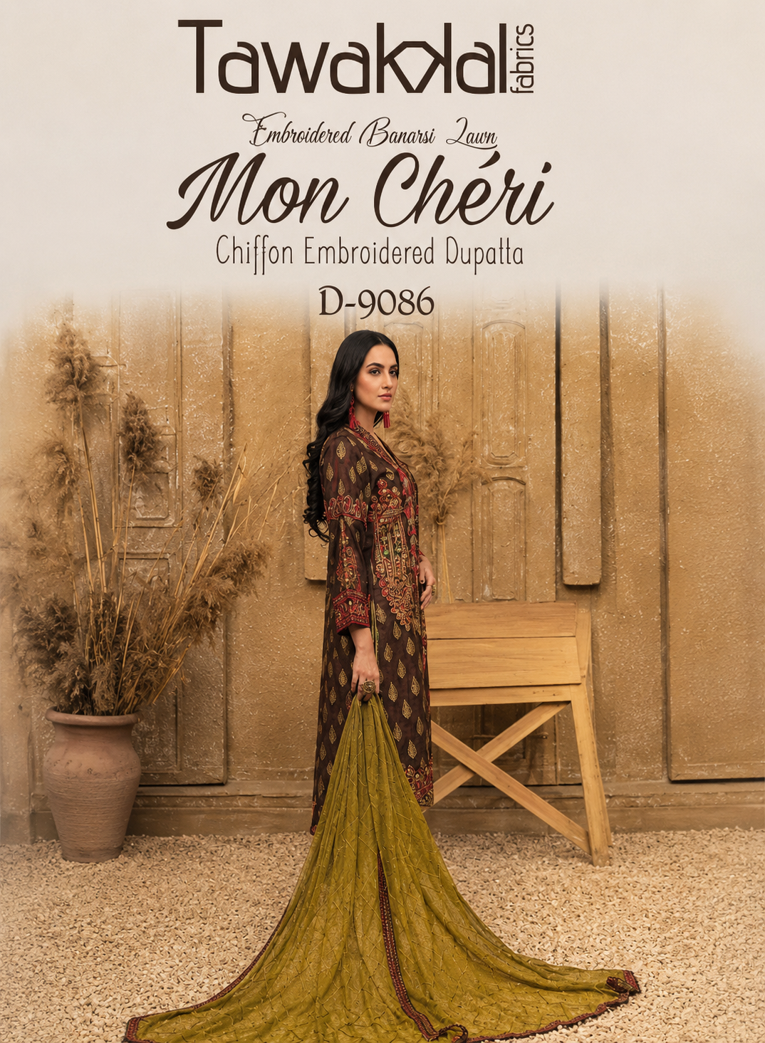 Brown Embroidered Lawn Suit with Mustard Dupatta.
