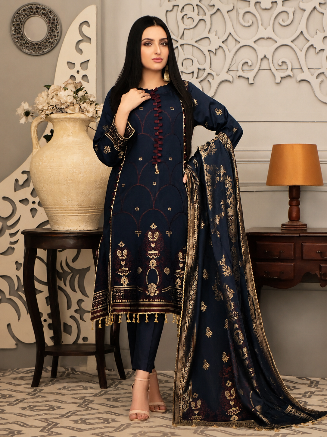 Elegant navy blue Banarsi lawn suit.