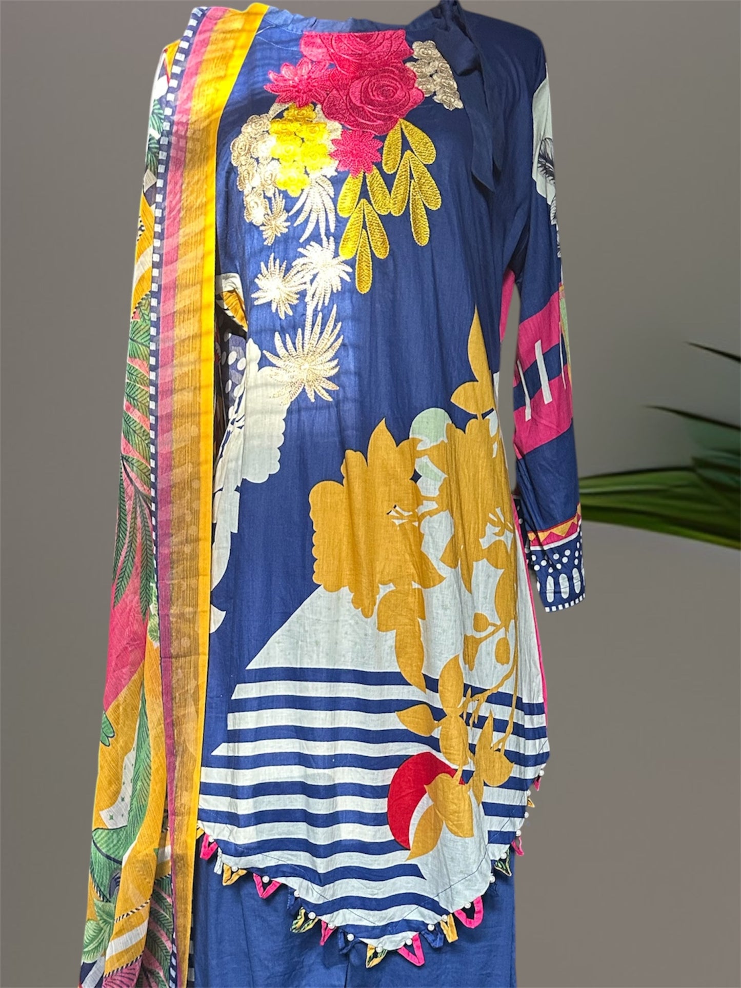 Royal Blue Embroidered Lawn Suit with Printed Dupatta.
